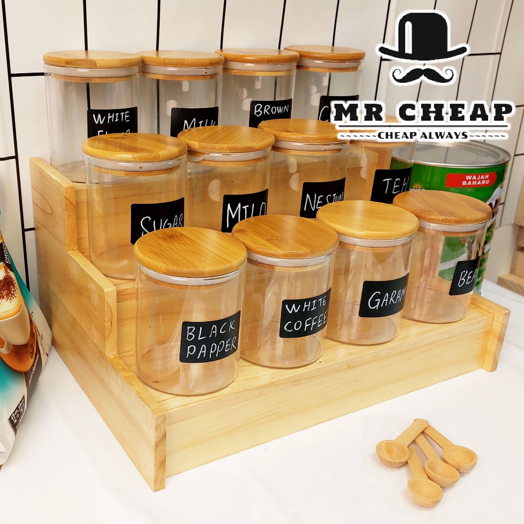 (1 ชุด) ขาตั้งไม้สนและ 12 ชิ้นแก้วขวดเครื่องเทศอุปกรณ์พร้อมฝาปิดไม้ไผ่ภาชนะความจุเก็บอาหารใส