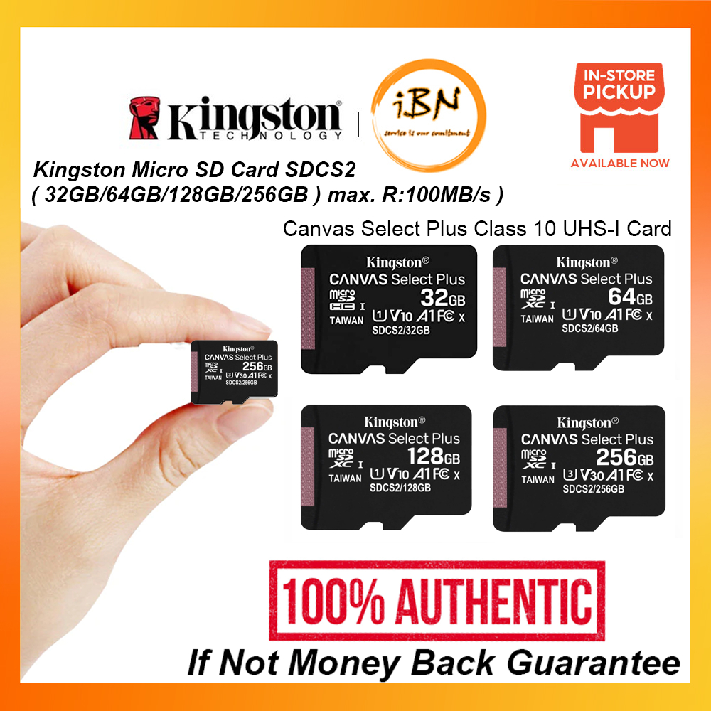 Kingston Micro SD Card Memory Card 100MB/s Canvas Select Plus Class 10 UHS-I Card SDCS2 (256GB/128GB/64GB/32GB @ IBN
