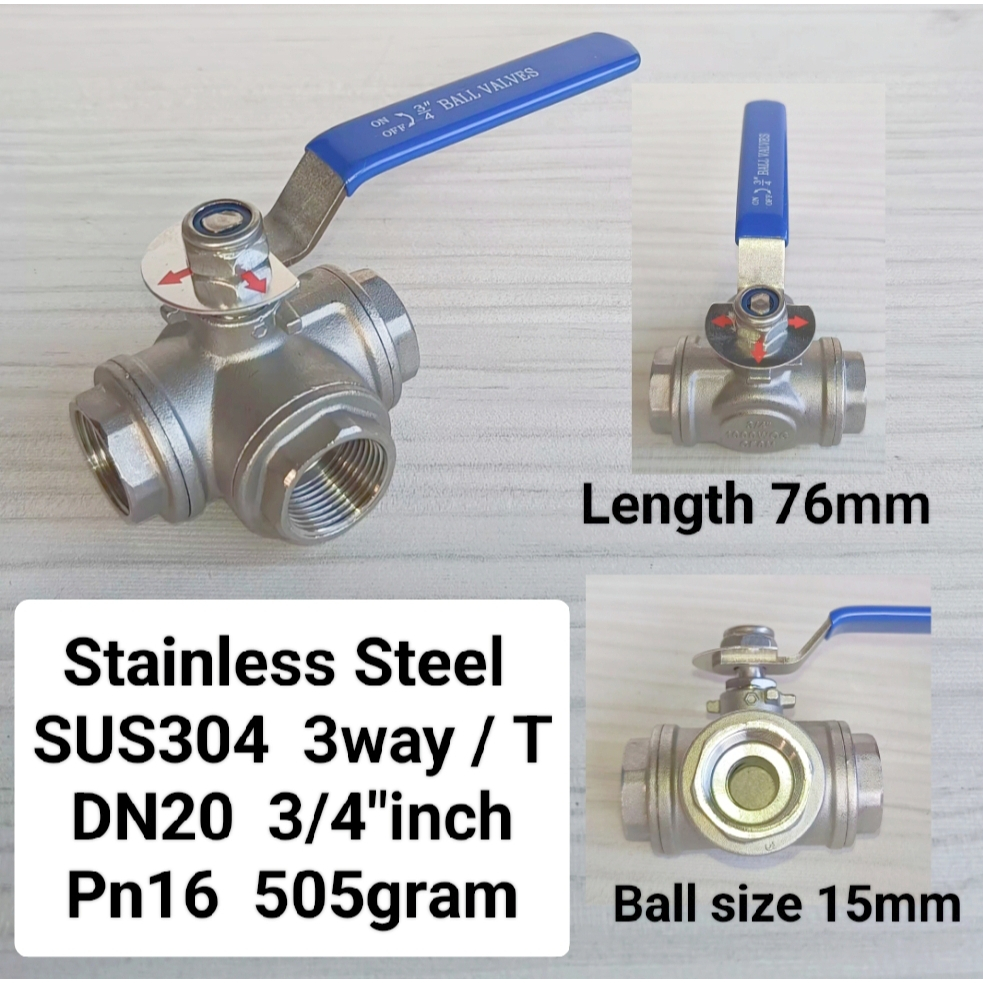 บอลวาล์ว 3 ทาง PN16 1000WOG SUS304 ทองเหลือง DN20 3/4" T ประเภท heavy duty สแตนเลส