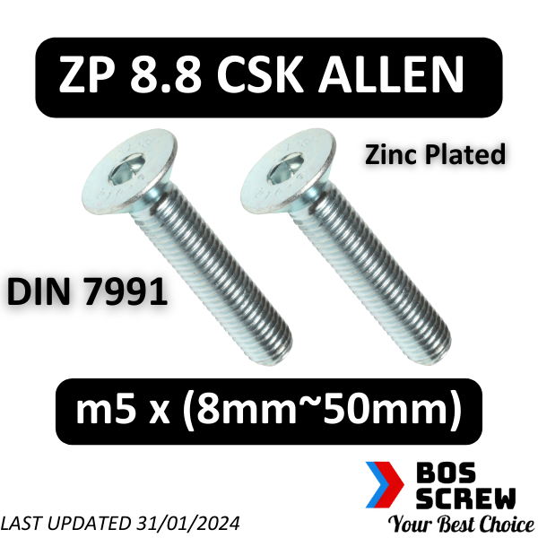 HT CounterSunK Allen Screw m5 x 8mm~50mm (Zinc Plated) (น๊อตเลน, CSK Allen Screw) (ก้าน 0.8mm) (ไฮเท