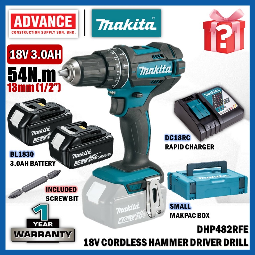 MAKITA DHP482Z / DHP482RFE 18V Cordless Hammer Drill Impact Drill 13MM (1/2")