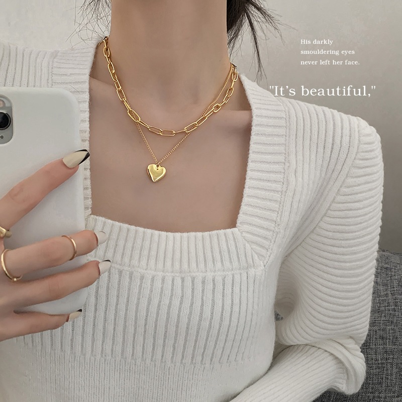 N30 Rantai leher wanita เกาหลี ins รักสองชั้นซ้อนสร้อยคอผู้หญิงโซ่เสื้อกันหนาว 冷 de Toilette风ins 小爱众