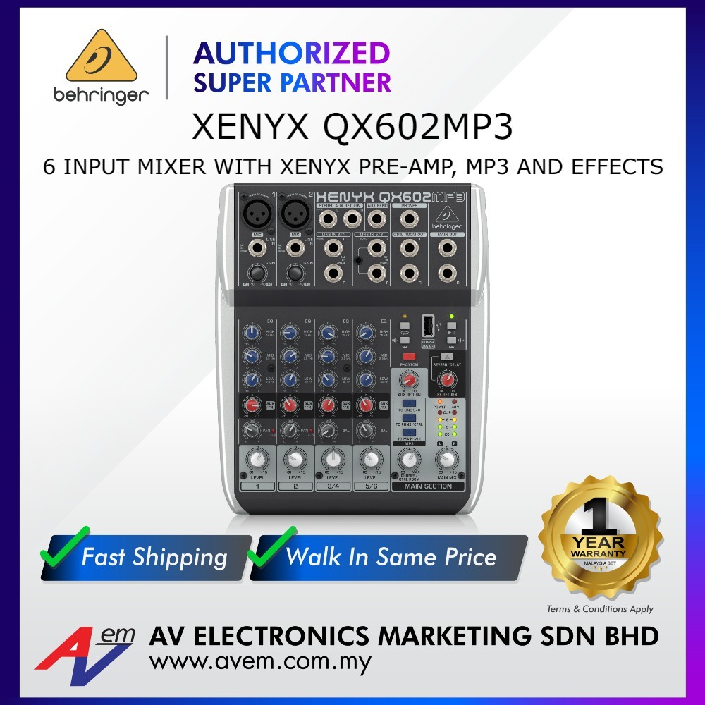 Behringer XENYX QX602MP3 Premium 6-Input 2-Bus Mixer พร้อมปรีแอมป์ XENYX Mic, EQs, เครื่องเล่น MP3 แ