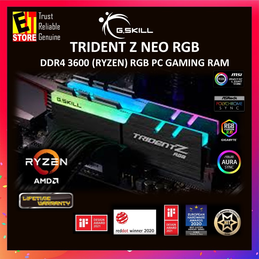 G.SKILL TRIDENT Z NEO (สําหรับ AMD RYZEN) 32GB (2x16GB) DDR4 3600MHz RGB PC GAMING MEMORY RAM (F4-36