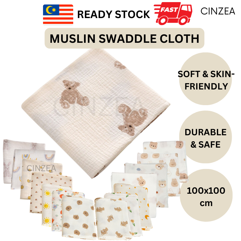100x100 ซม. Bedung Bayi Muslin Tuala Selimut Kain Kapas Muslin Baby Muslin Swaddle ผ้าห่มผ้าเช็ดตัว 