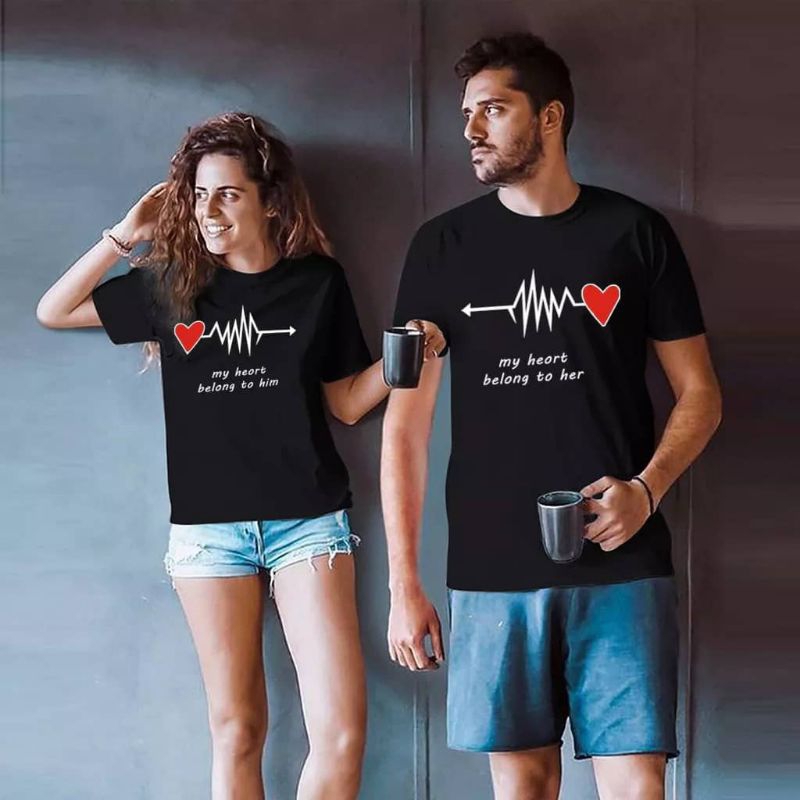 เสื้อยืด COUPLE MY HEAR BELONG TO HIM HER UNISEX 100% COTTON PREMIUM QUALITY