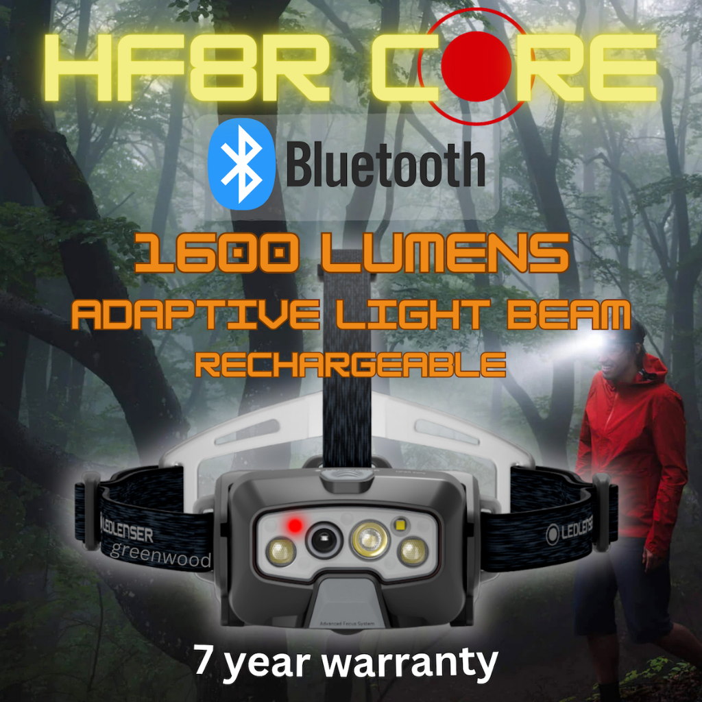 LEDLENSER HF8R CORE BLUETOOTH HEADLAMP 900 Lumen, Boost 1600 Lumens / ชาร์จใหม่ได้, ไฟสีแดงด้านหน้า