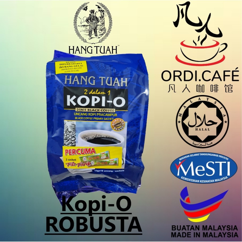 HANG TUAH Penang Kopi-O 2 in 1 Black Coffee Mixture With Sugar - BLUE (ถั่วโรบัสต้า) 16s x 13g