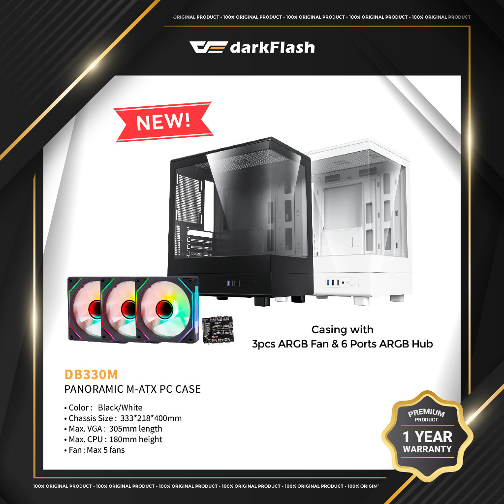 DarkFlash DB330M Micro ATX Casing (พร้อมพัดลม PWM aRGB 3 ชิ้น & 6 พอร์ต aRGB Hub)
