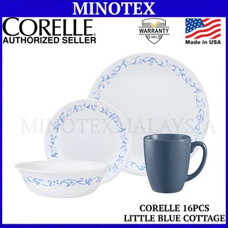 Corelle 16pcs Little Blue Cottage Dinnerware Set Livingware Dinner Serve Set (Minotex)