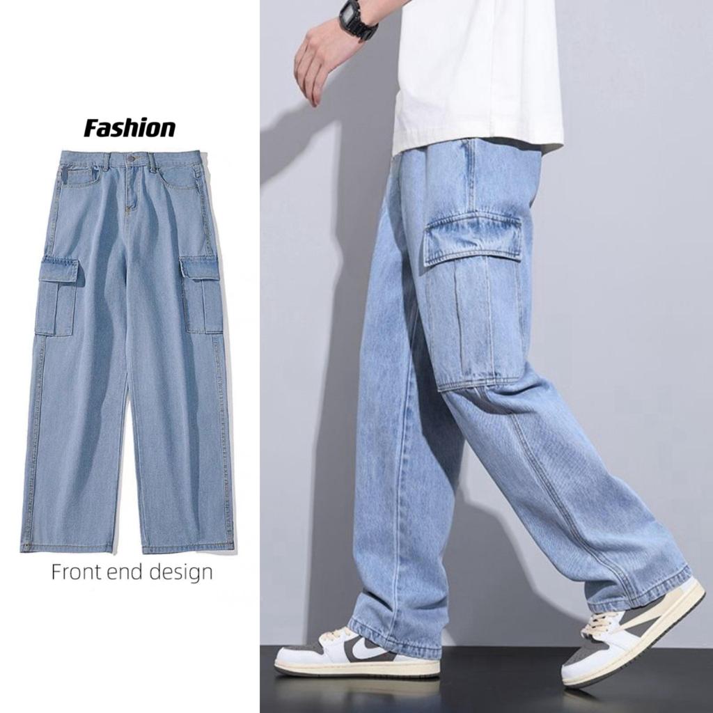 Gaya Korea Cargo Jeans ผู้ชาย Seluar Jeans Lelaki Slim Fit Straight Cut Jeans