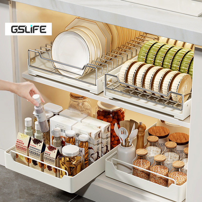 GSLIFE ชั้นวางครัวสแตนเลส Out-of-the-Box ตู้ดึงชั้นวางจานและชาม Almari Pinggan