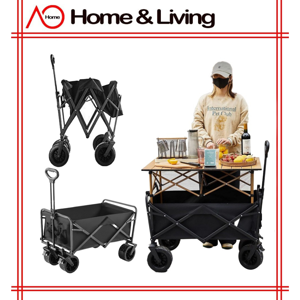 AO Home Outdoor Shopping Wagon Camping Trolley Stall Trolley รถเข็นโลหะพับได้ Night Market ไฟกลางแจ้