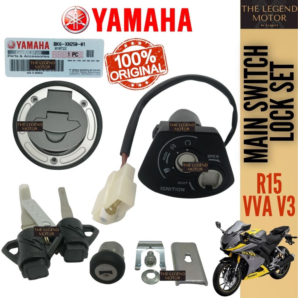 R15 YZF155 VVA V3 YZF 155 ชุดกุญแจจุดระเบิดสวิทช์หลักล็อค Suis Kunci การใช้ถัง BK6-XH250-01 Yamaha