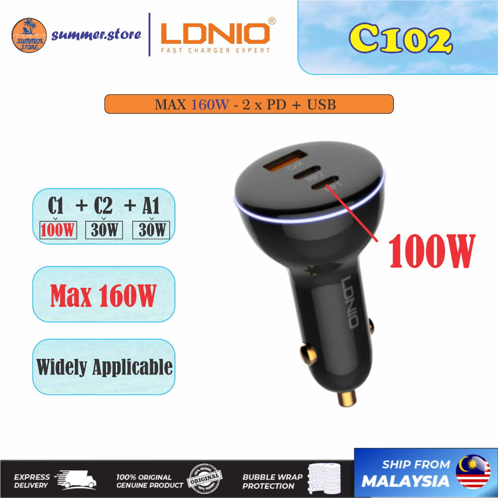 LDNIO C102 160W Car super fast charger PD C1 100W + C2 30W + A1 QC 30W