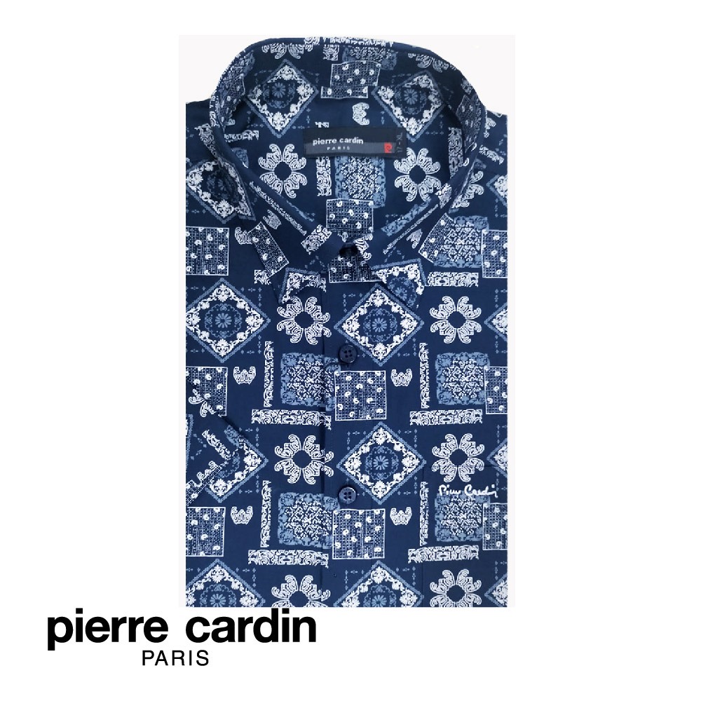 Pierre Cardin เสื้อเชิ้ต แขนสั้น ผู้ชาย ผ้าบาติก ทรงพอดีตัว มีกระเป๋า สีฟ้า (W3505B-11412)