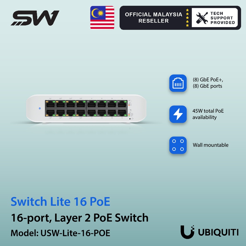 Ubiquiti UBNT USW-Lite-16-PoE Layer 2, สวิตช์ PoE พร้อมพอร์ต (16) GbE RJ45 รวมพอร์ต (8) PoE+