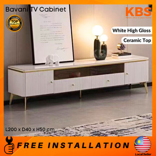 (FREE Installation+Shipping) KBS Bavani 6.5FT TV Cabinet / White High Gloss / Ceramic Stone / Luxury / L200xW40xH50 cm