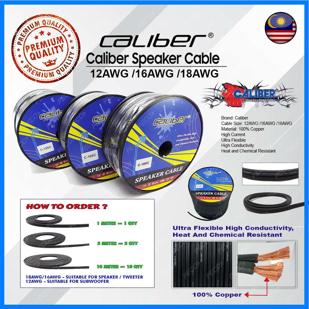 CALIBER 12AWG / 16AWG / 18AWG สายลําโพง (1 เมตร = 1 Qty) คูเปอร์ 100%