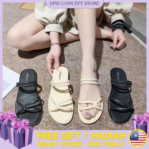 Queen Sandal Women Flat Slides Shoes Slim Short Strap Sandals Flat Base Selipar Kasut Perempuan Wani