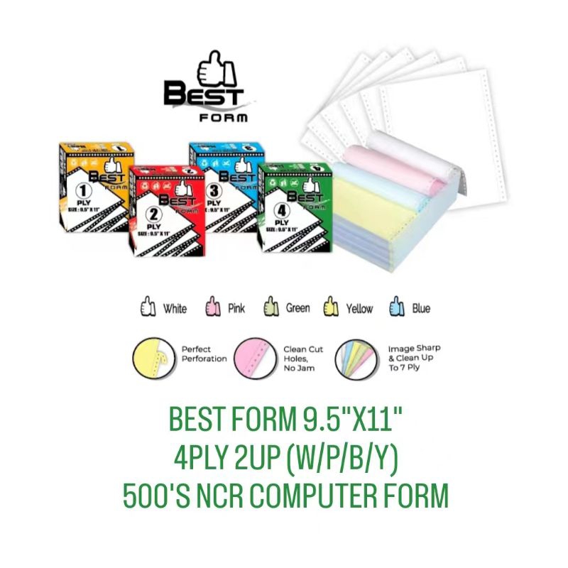 (1BOX) BEST FORM 9.5"X11" 4PLY 2UP [W/P/B/Y] รูปแบบคอมพิวเตอร์ NCR 500 วินาที 电นุ่น X 1BOX