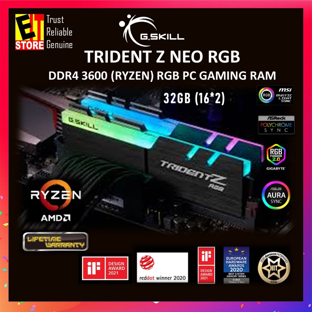 G.skill TRIDENT Z NEO RGB DDR4-3600 (16GBX2) - แรม 32GB (F4-3600C18D-32GTZN) สําหรับแรมเกมมิ่ง AMD RYZEN PC