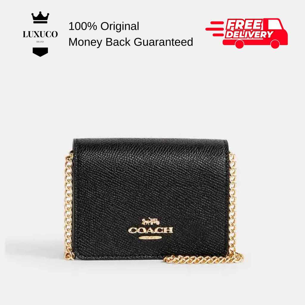 [Luxuco] Coach กระเป๋าสตางค์หนัง ใบสั้น แต่งสายโซ่คล้อง สีดํา สีทอง C0059