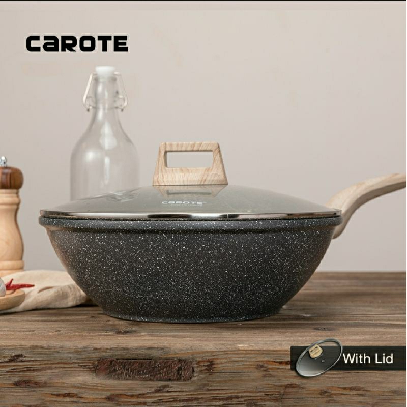 Carote กระทะนอนสติ๊ก 30 ซม.FryWok พร้อมฝาปิด PFOA ฟรีหิน Maifan เคลือบสารกันติด เหมาะสําหรับเตาทั้งห