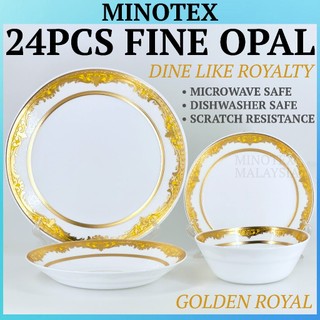 Minotex Golden Royal 24pcs Fine Opal Dinner Set (6 Person) Pinggan Mangkuk Kaca/Set Pinggan Kaca Opal