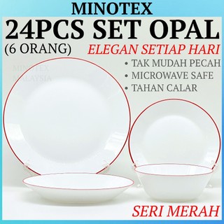 Minotex Seri Merah 24pcs Set Pinggan Mangkuk Opal (6 Orang) Set Makan Kaca Opal / Opal Dinner Set