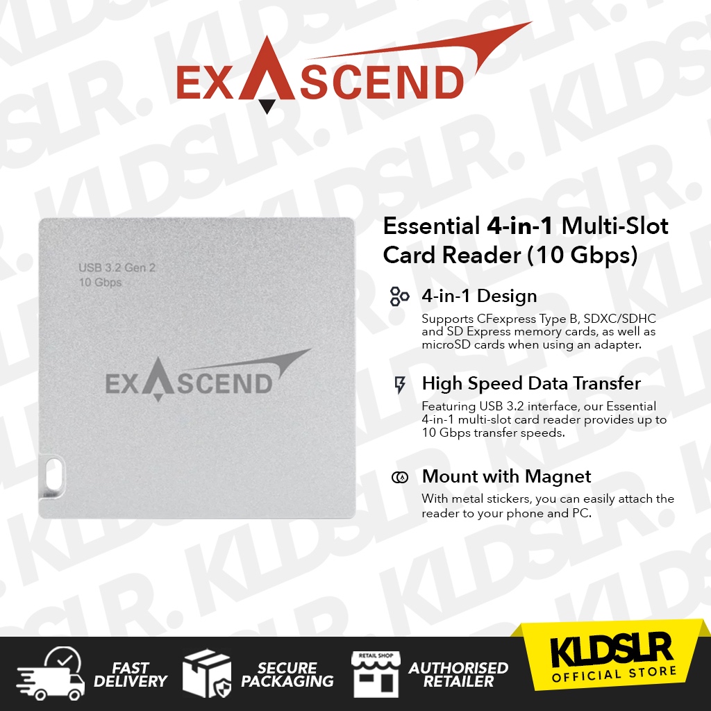Exascend Essential เครื่องอ่านการ์ดแม่เหล็กหลายช่อง 4-in-1 (10 Gbps) - รองรับ CFexpress Type B, SD, 
