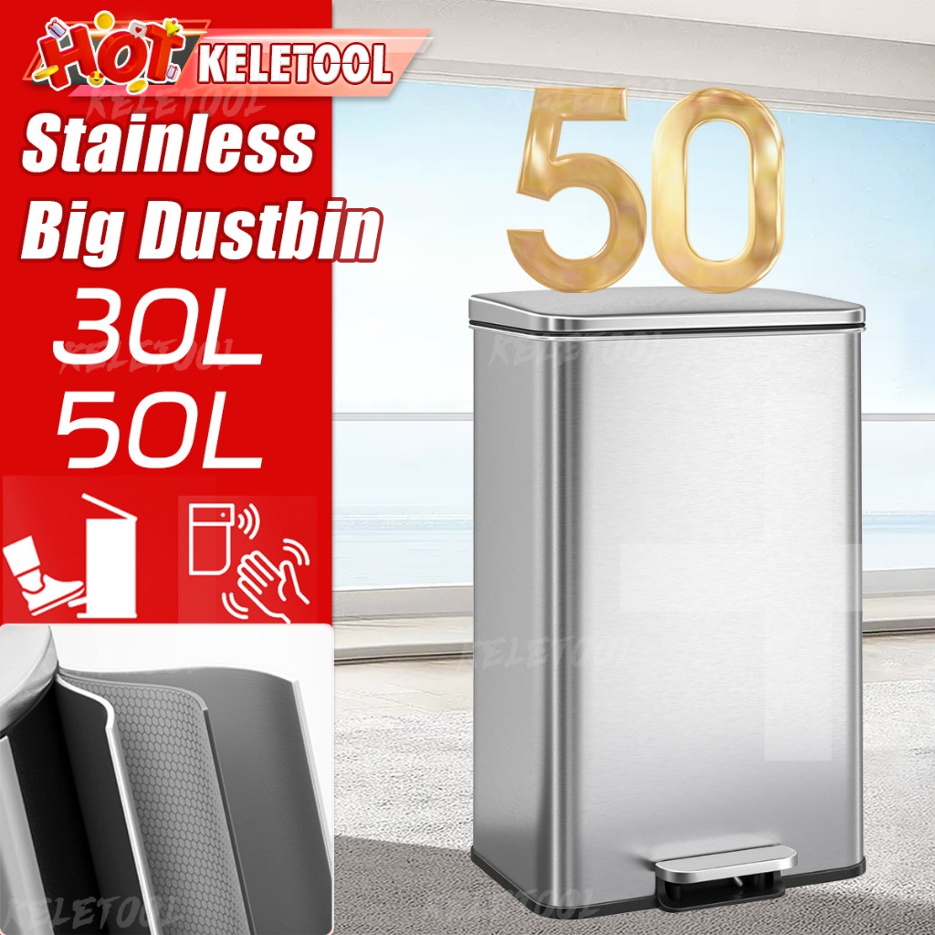 30L 50L Tong sampah besar Big dustbin kitchen Pedal rubbish low Offed Stainless steel Big bin 桶