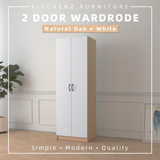 KitchenZ 2FT 2 Door Wardrobe with Hanging Rod Wooden Storage Cabinet | Bedroom Clothes Closet Organizer | Almari Pakaian
