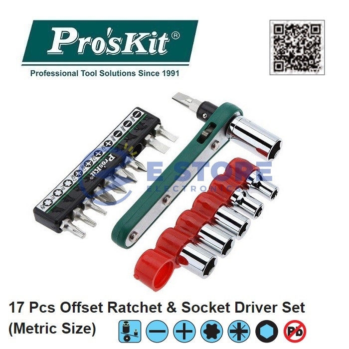 ProsKit 1PK-202A 17 PCS Offset Ratchet & Socket Driver Set - ไต้หวัน