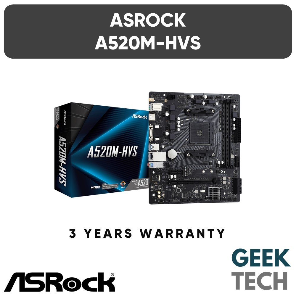 เมนบอร์ด ASRock A520M-HVS mATX - รองรับโปรเซสเซอร์ AMD AM4 Socket RyzenTM 3000, 4000-G, 5000 และ 500