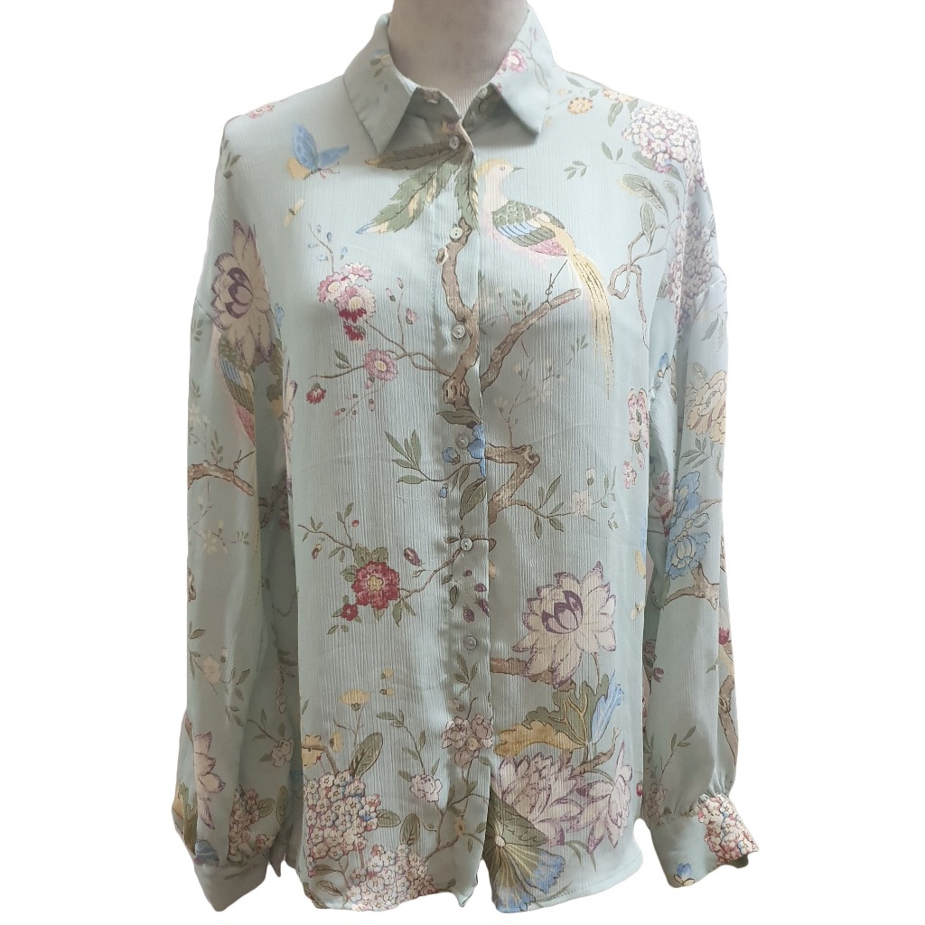 [Preloved] H&m x GP & J BAKER Collection - เสื้อเบลาส์ลายดอกไม้สีเขียวอ่อน (EUR 38 / US 6)
