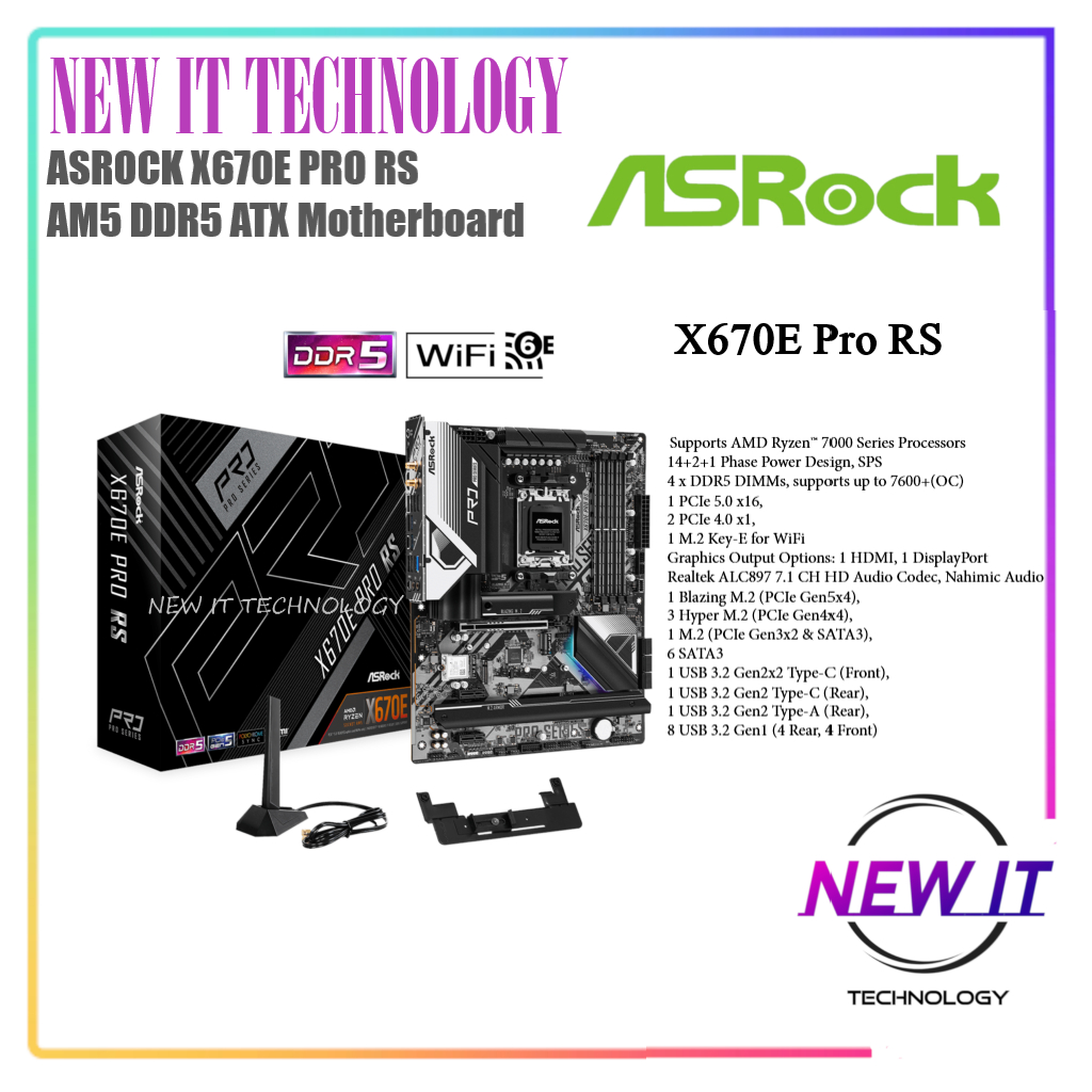 ASRock X670E Pro RS AM5 X670 DDR5 PCIe 5.0x16 ด้านหน้า USB3.2 Gen2x2 Type-C Realtek 2.5G LAN WiFi 6E