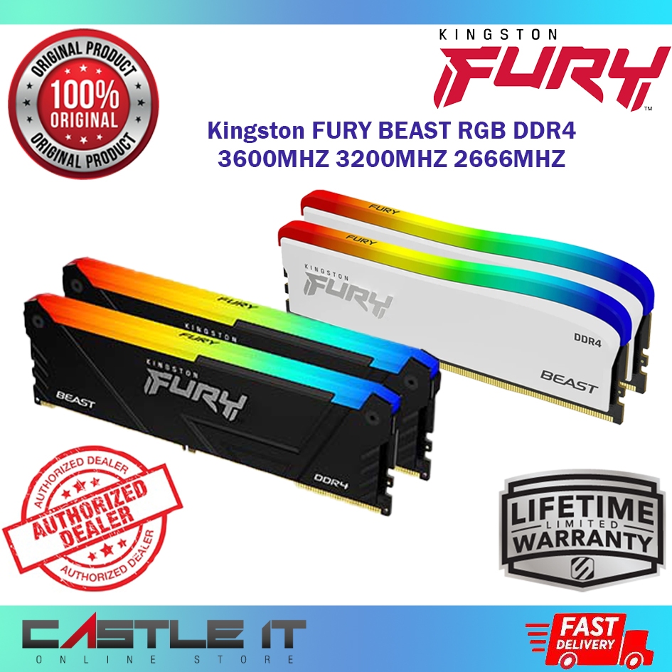 Kingston FURY BEAST แรม RGB DDR4 32GB 16GB 8GB 3600MHZ 3200MHZ 2666MHZ PC3600 PC3200 PC2666 BLACK WHITE สําหรับคอมพิวเตอร์ตั้งโต๊ะ