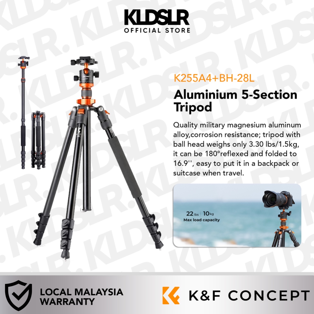 K&F Concept K255A4+BH-28L Compact Travel Aluminium ขาตั้งกล้อง 5 ส่วนพร้อม Monopod Payload 10 กก., K