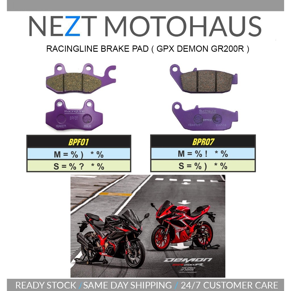 Racingline GPX Demon GR200R ผ้าเบรค Metallic (DEPAN / BELAKANG)