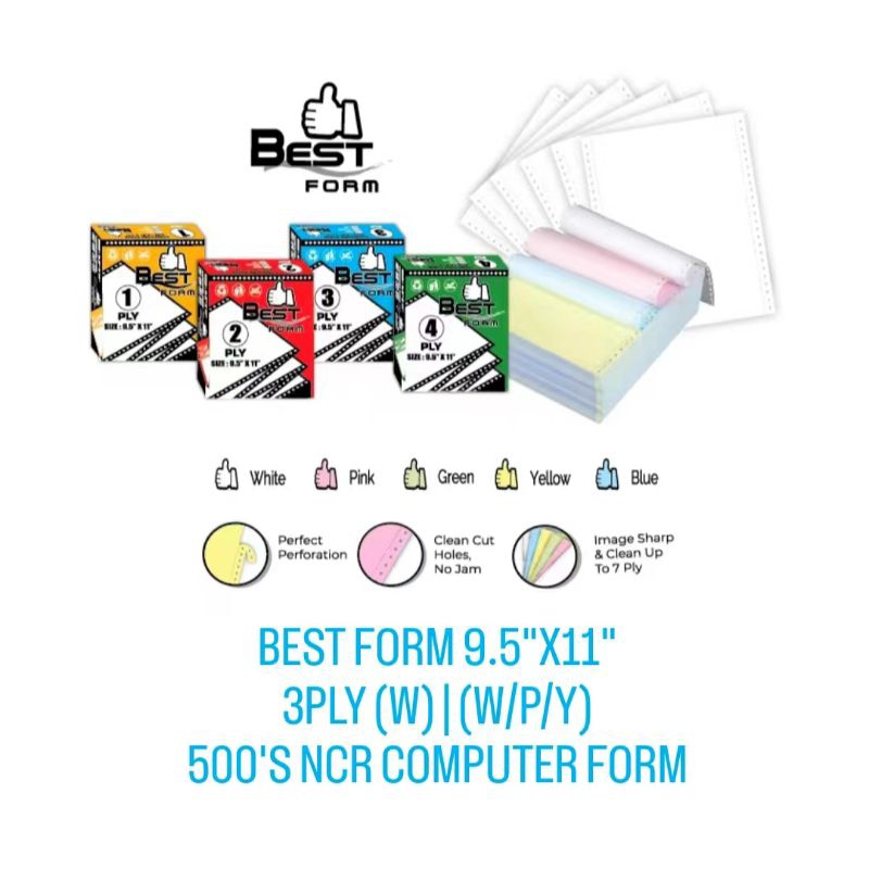 (1BOX) BEST FORM 9.5"X11" 3PLY [W] [W/P/Y] รูปแบบคอมพิวเตอร์ NCR 500S 电นุ่น X 1BOX