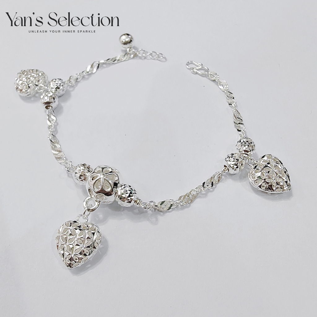 YANS 925 Silver Sparkling Heart Dangle Bracelet**Ranttai Tangan/Gelang Perak**925亮爱Heart Bracelet