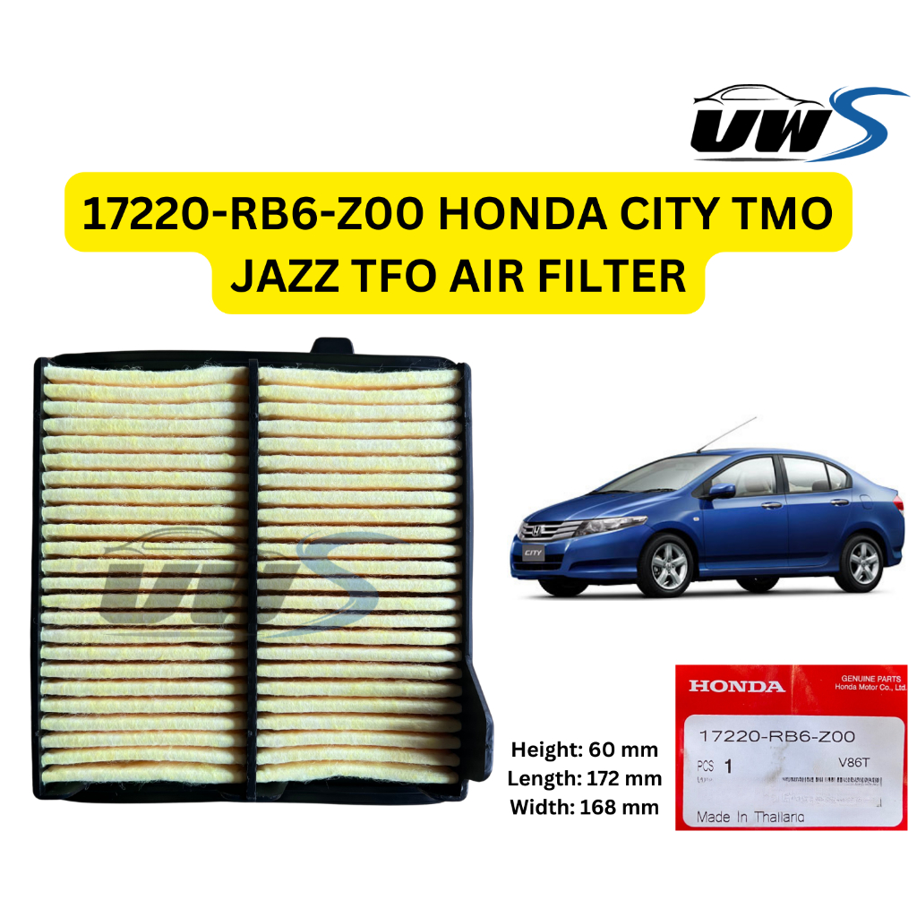 17220-RB6-Z00 HONDA CITY TMO JAZZ TFO AIR FILTER ความสูง: ความยาว 60 มม.: 172 มม. กว้าง: 168 มม.