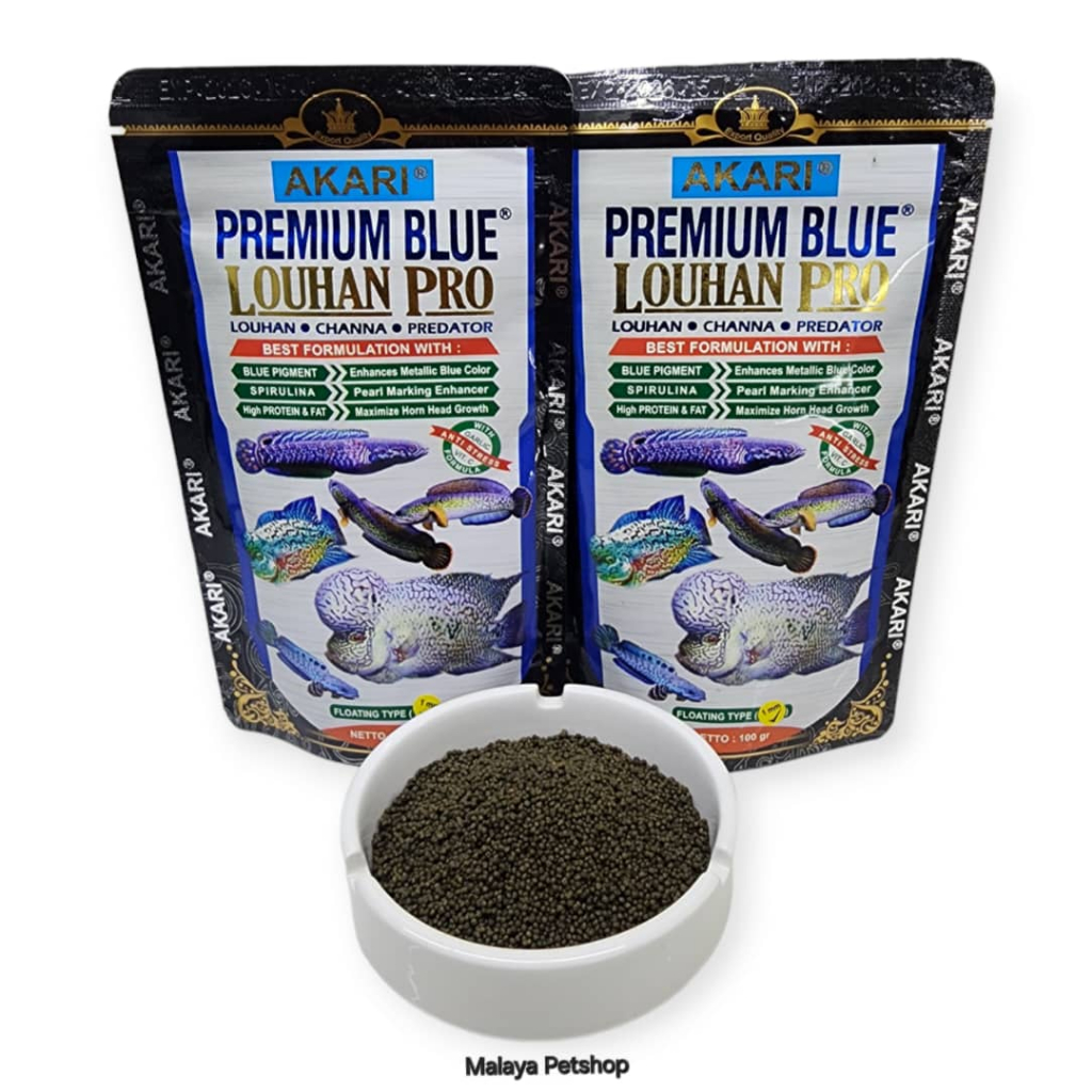 Akari Premium Blue louhan Pro Saiz 1mm (มินิ)(เม็ดสําหรับลูฮัน ชานนา & ปลาพรีเมเตอร์อะไร)(แพ็คละ 100 กรัม)