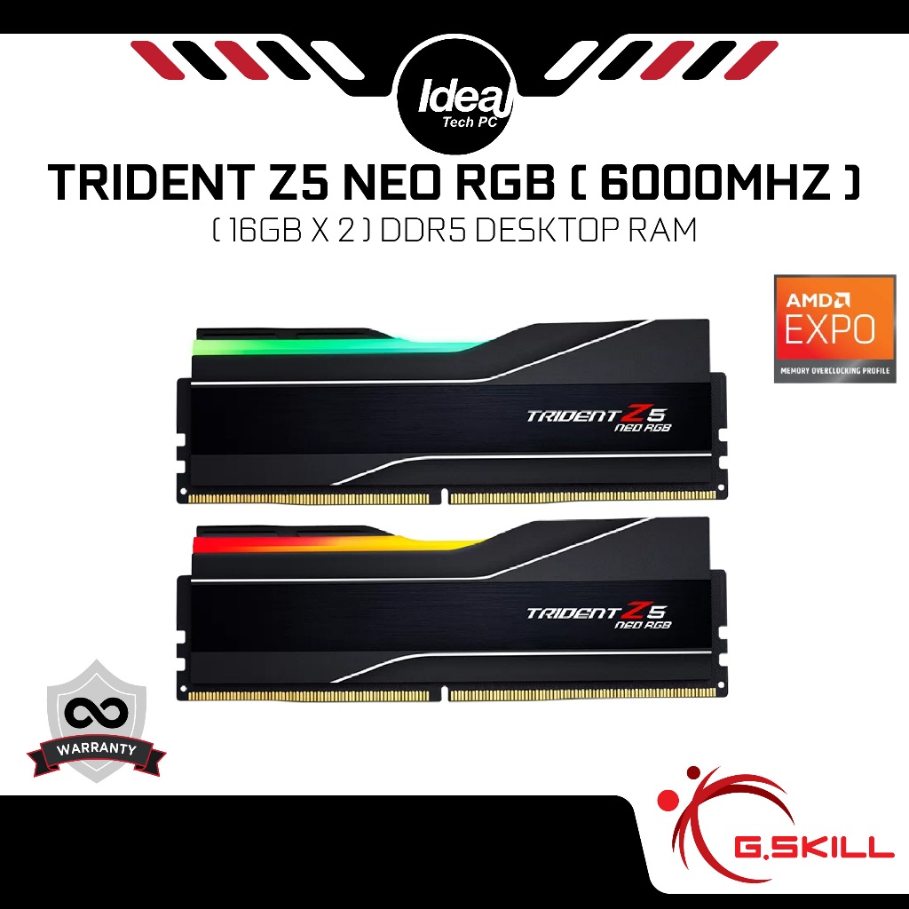 Gskill TRIDENT Z5 NEO RGB สีดํา 32GB ( 16GB x 2🌹 6000Mhz CL30 AMD EXPO สนับสนุน DDR5 เดสก ์ ท ็ อป RAM