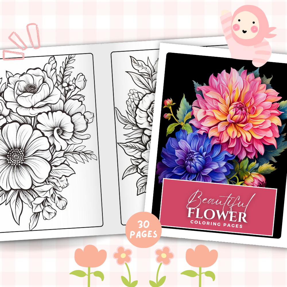 [Kertas Mewarna] หน้าระบายสีดอกไม้สวยงาม, กระดาษระบายสี 30 หน้า, กระดาษ A4 หรือ A5 120 แกรม
