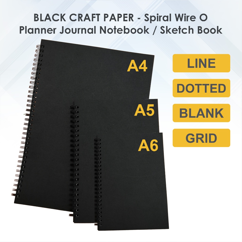 A4 A5 A6 Black Kraft Planner Journal Notebook Buku Nota Sketch book Spiral Wire O /Blank-Line-Dot-Gr