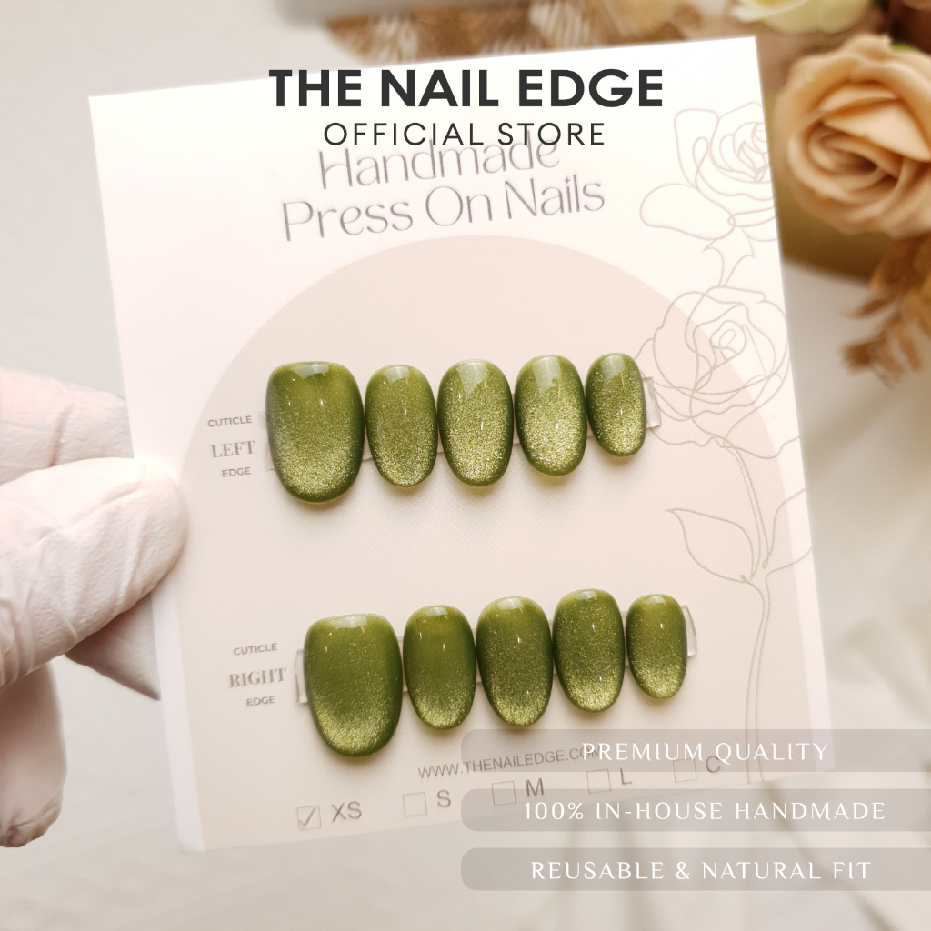 TheNailEdge Premium Handmade Press-On Nails - สีเขียวเข้ม M018