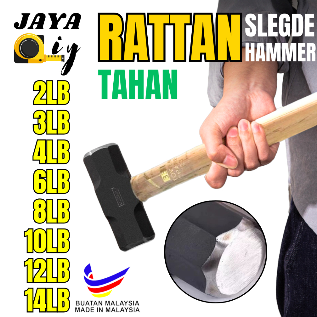HEAVY DUTY SLEDGE HAMMER WITH RATTAN HANDLE TUKUL BESI ~2LB 3LB 4LB 6LB 8LB 10LB 12LB 14LB