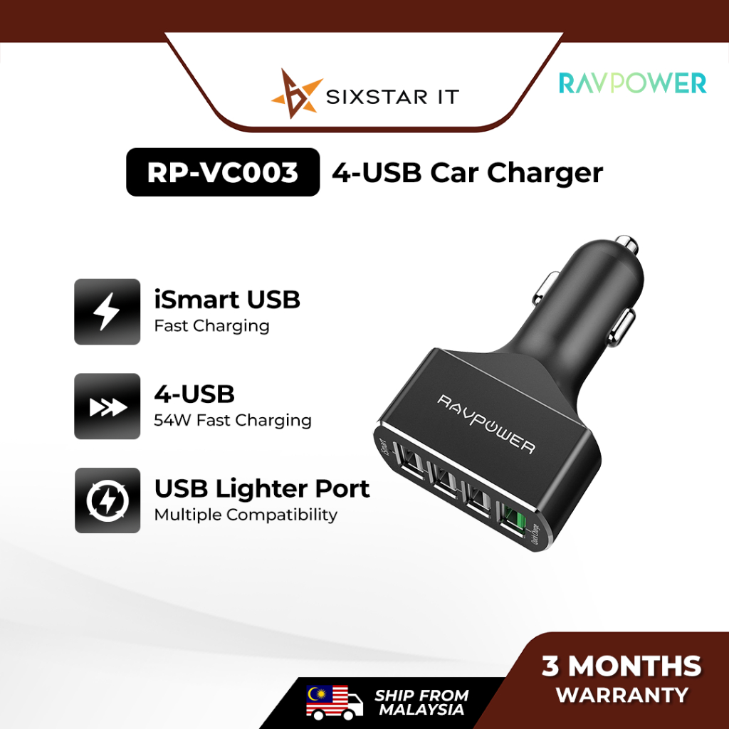 RAVPower VC003 ที่ชาร์จแบตในรถแบบชาร์จเร็ว 54W, 4 พอร์ต USB, QC 3.0